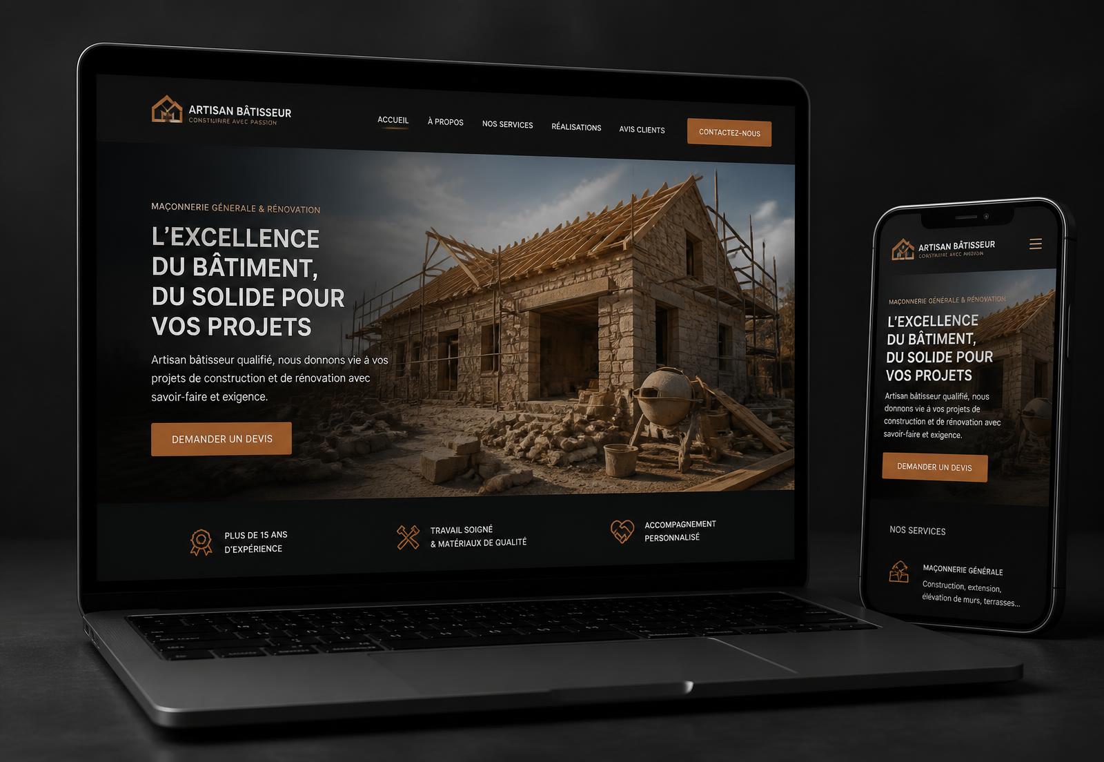 Site internet d'une entreprise artisanale affiché sur ordinateur portable et smartphone